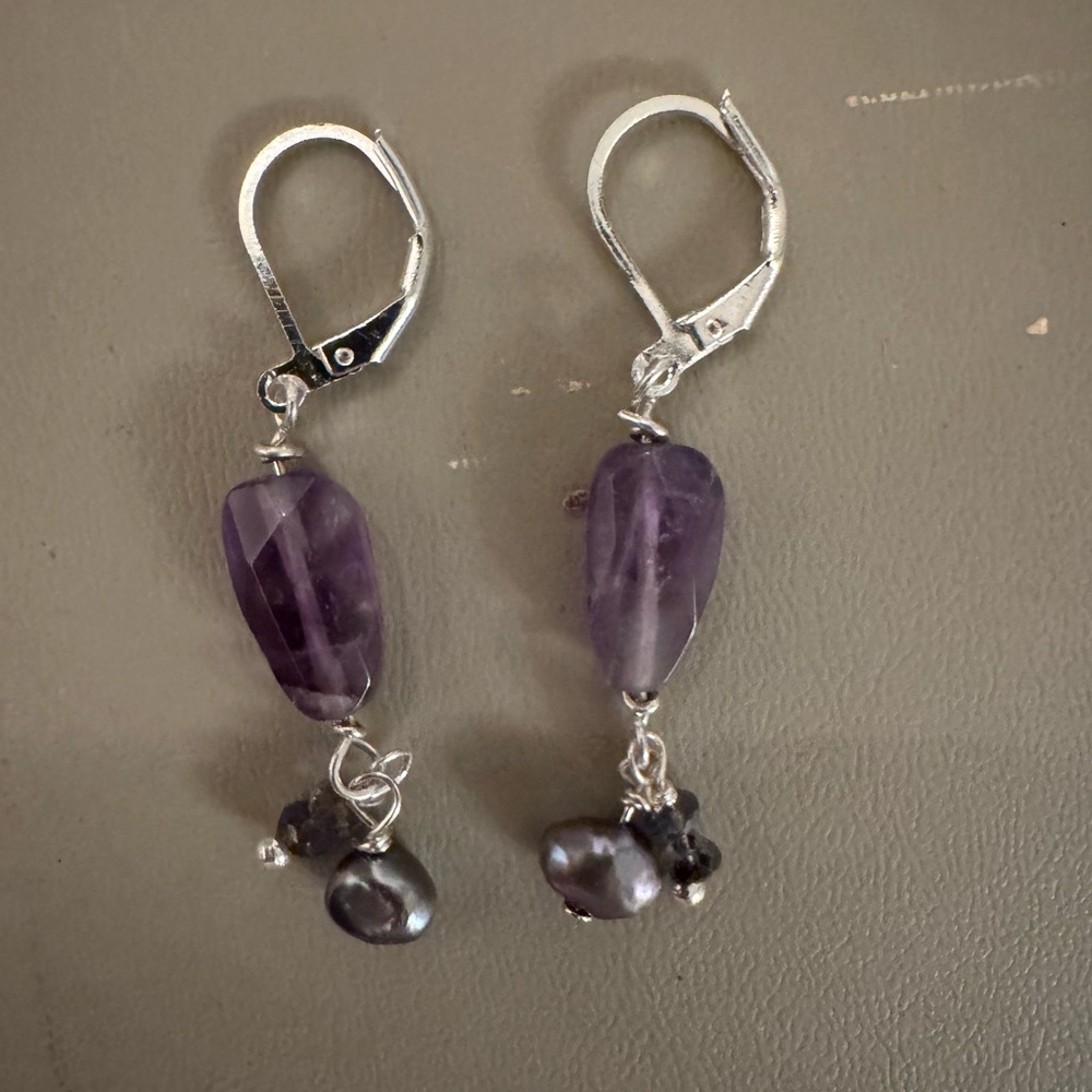 Elegant Silver and Amethyst Dangle Earrings with fresh water pearl